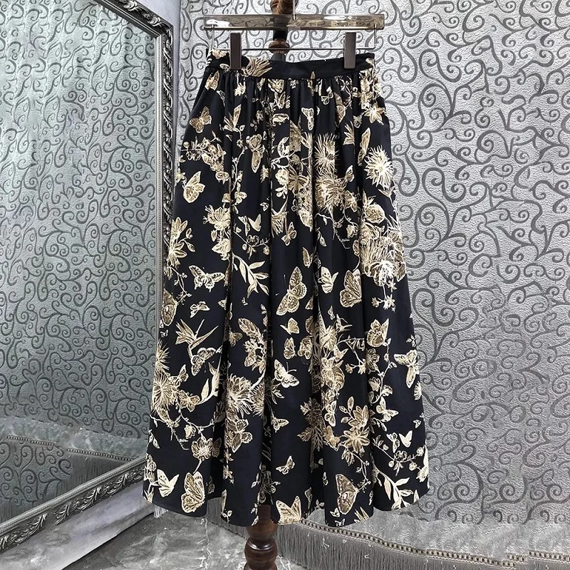 

100%Cotton Long Skirts 2024 Spring Fashion Style Ladies Lurex Butterfly Prints Large Swing Party Elegant Black Gown Skirts Club
