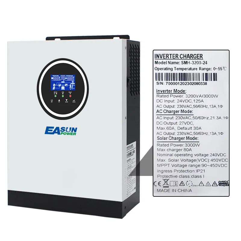 Easun Power 3.2Kw Inverter Solare Offgrid A Onda Sinusoidale Pura Mppt 3000 Watt 24V 220V 3Kva 3Kw Inverter Ibrido