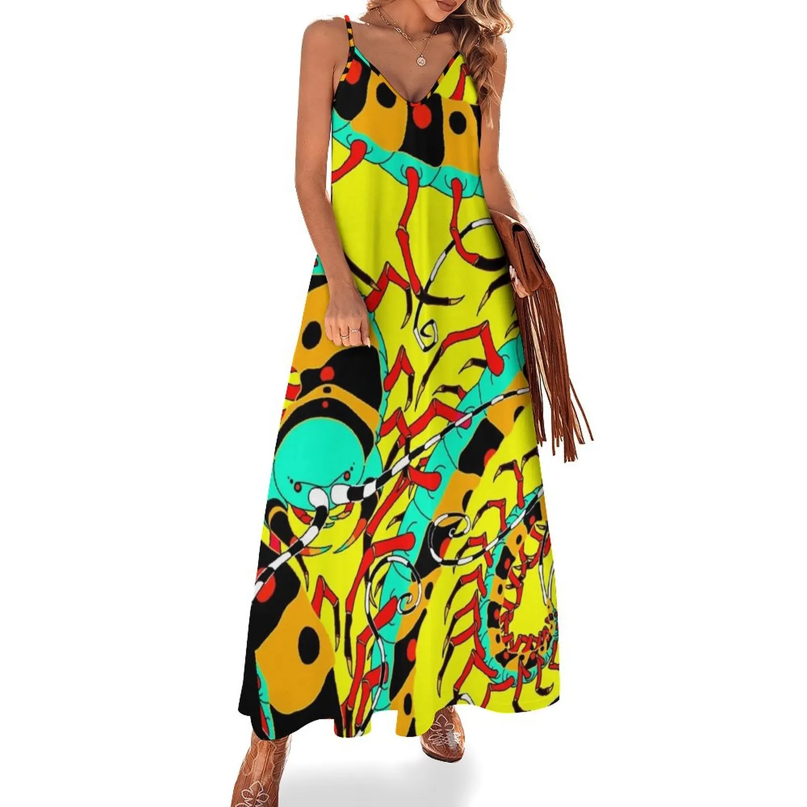 

Centipede Gold Caution Tape Hazard Cone Sleeveless Dress Women's summer dress dress party evening elegant luxury celebrity