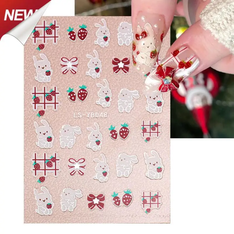 

Клейкие патчи для ногтей в виде кролика, милые золотые границы, долговечные украшения для ногтей, наклейки для ногтей в виде клубники для дизайна ногтей, красота