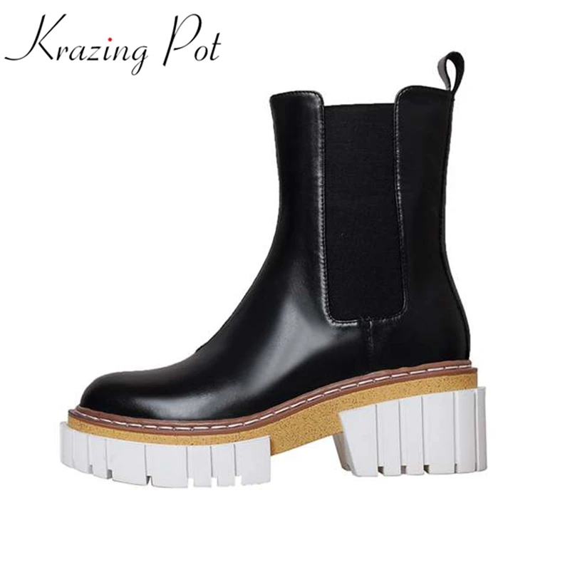 

Krazing Pot Cow Leather Round Toe Chelsea Boots Thick Thick Heel Mixed Color Platform Non-slip European Design Brand Ankle Boots