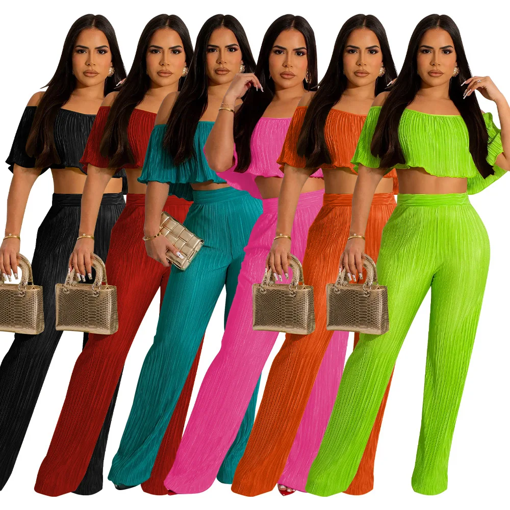 K10470 Women's 2023 Folded Ruffle Edge One Shoulder Wide Leg Pants Set New