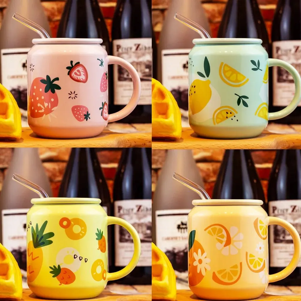 Cute Cartoon Fruit Friends Ceramic Cup with Straw – Kawaiies