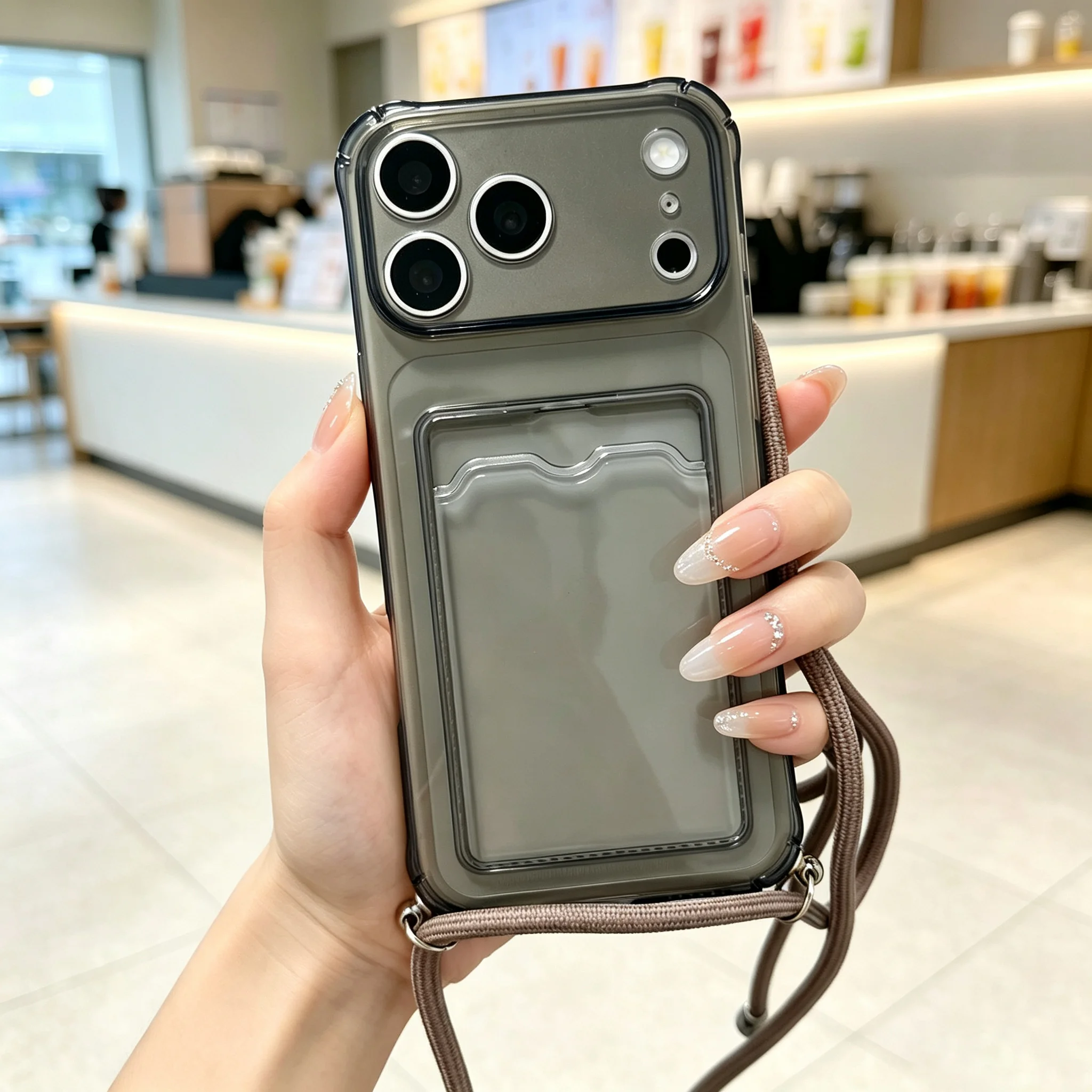 Clear Soft Cover Phone Case with ID/ATM Card Slot and Lanyard Attachment