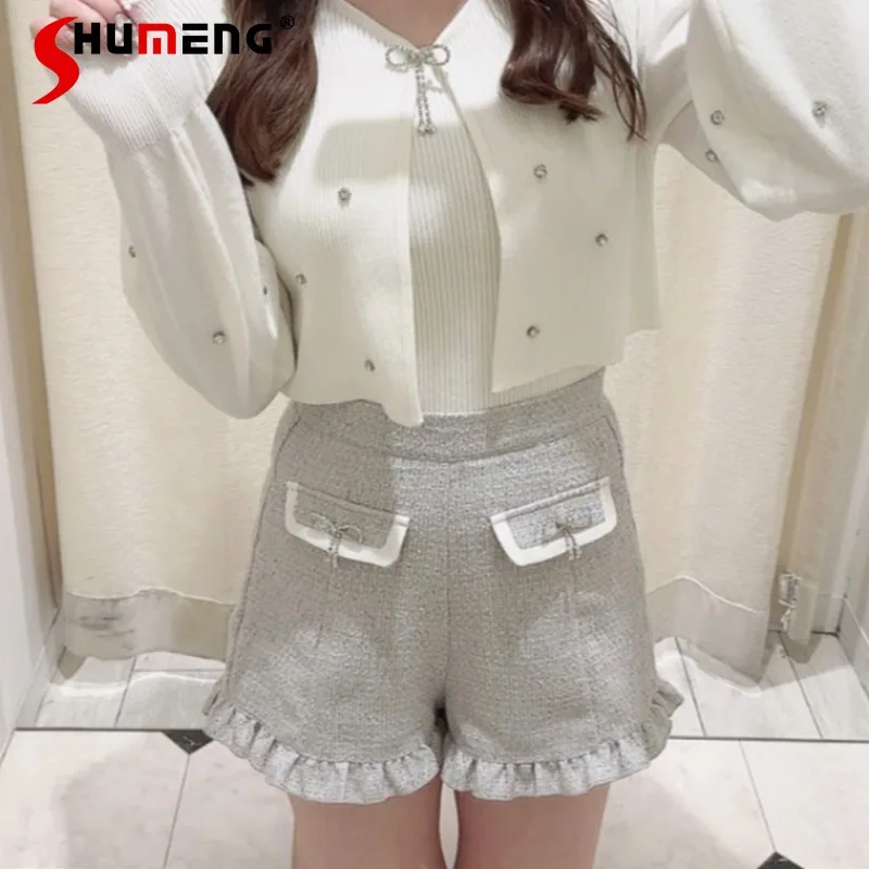 Japanese Rojita Style Cute Rhinestone Bow Wooden Ear A-line Short Pants High Waist Slimming Casual All-Matching Shorts 4 Colors