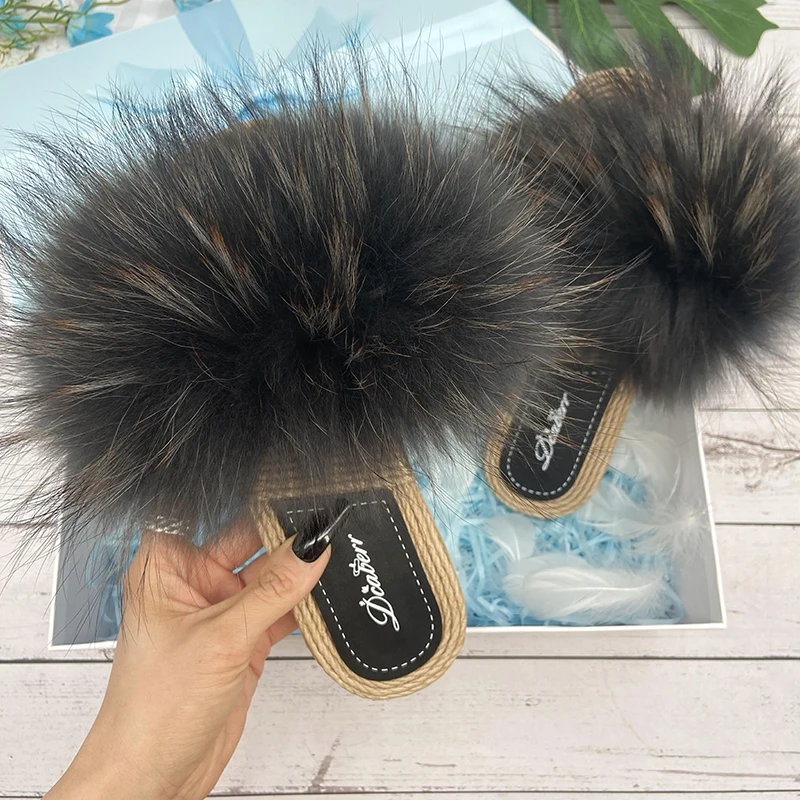 Real Fur Slippers Women Summer Flats Faux Straw Sandals Natural Fox Fur Ladies Flip Flops Fashion Raccoon Beach Light Slides