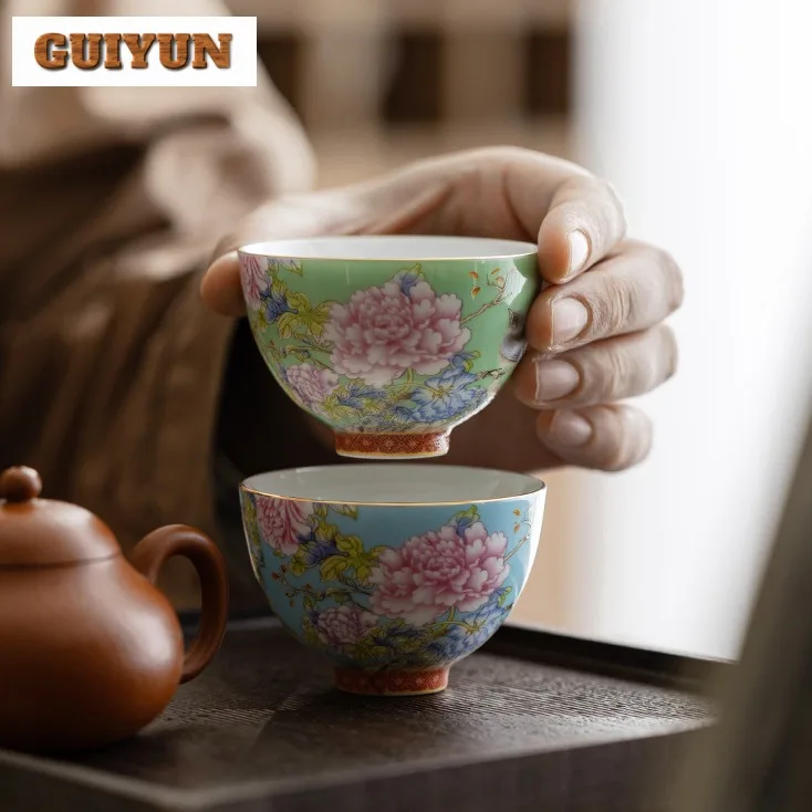 65ml Chinese Enamel Color Tea Cup Ceramic Peony Master Cup High-grade Household Palace Flower Tea Set Portable Small Bowl