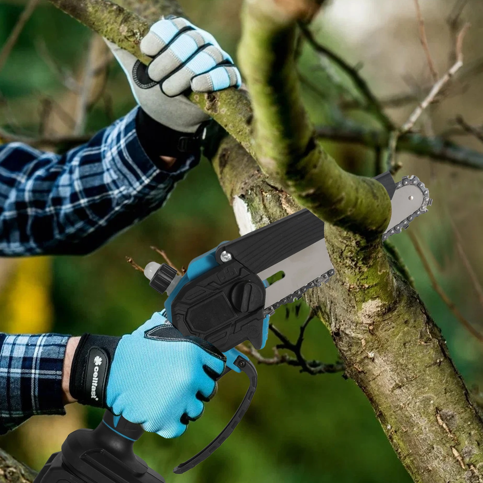 Mini-Kettensäge 6 Zoll mit 2 × 21 V Akku, leistungsstarke elektrische kleine tragbare Kettensäge mit automatischem Öler für einfaches Beschneiden – Detail 8