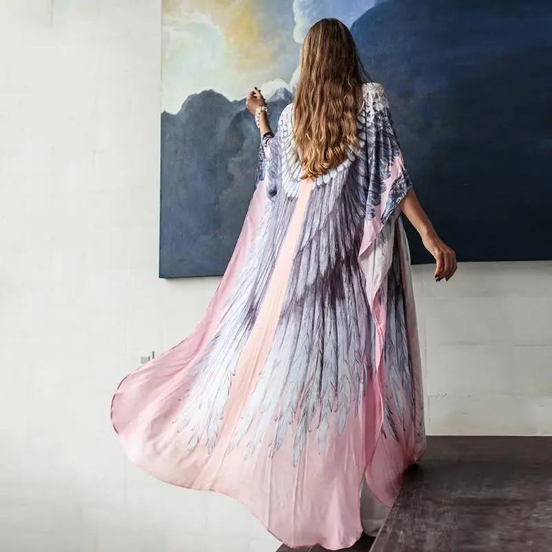2023 Chiffon Wings Printing Beach Cover-up Loose plus Size Robe Holiday Sun Protection Shirt Long Dress