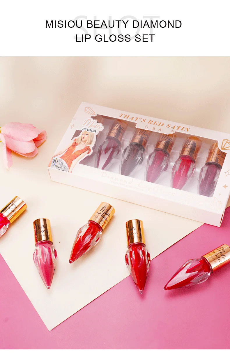 6 Pcs Diamond Matte Liquid Lipstick Set, Non-Stick Cup and Not Fade Pigmented, Long-Lasting Waterproof Velvet Lipgloss Makeup
