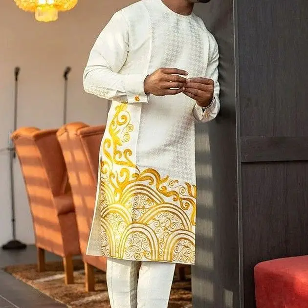 Men's chic casual white geometric print two-piece suit