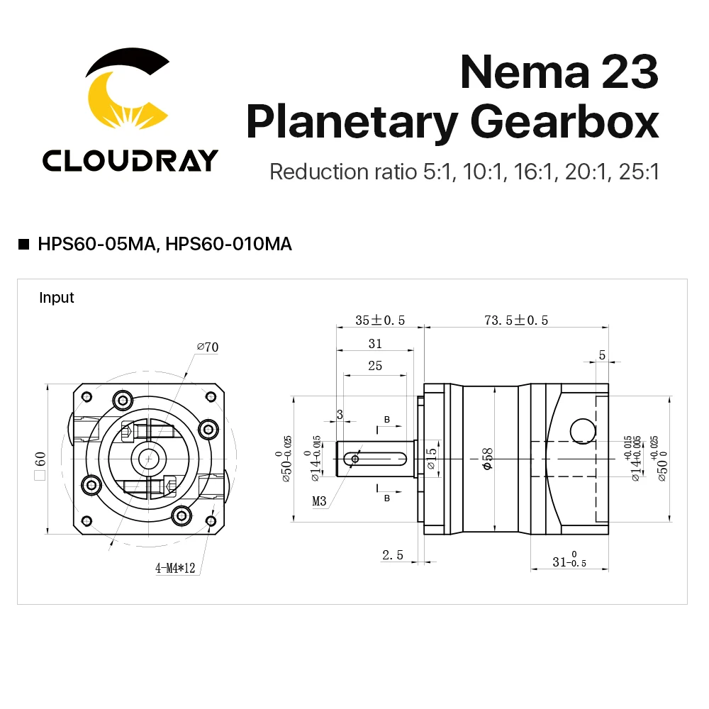Cloudray 유성 기어박스 원형 모터 감속기, 비율 5:1 10:1 16:1 20:1 25:1, 14mm 입력, 60 서보 모터용, HPS60