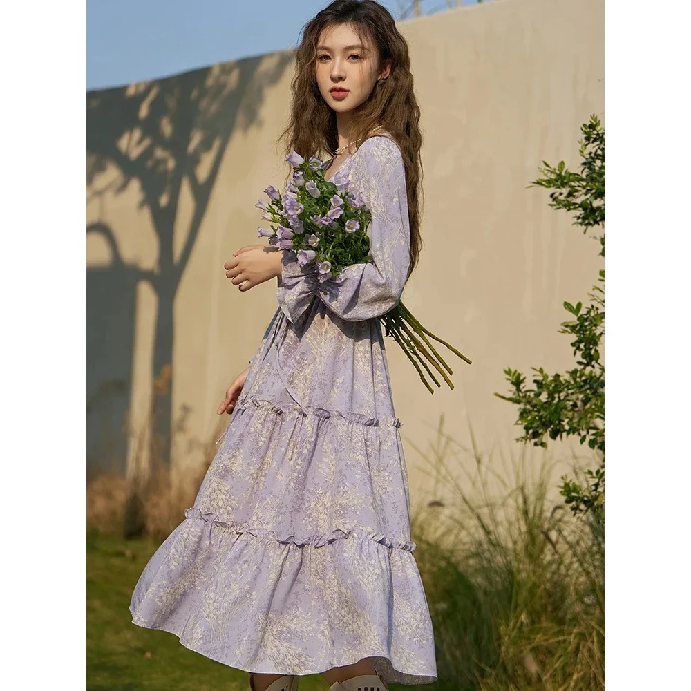 

2024 New Women's French Floral Dress Spring/Summer High Waist A-line V-Neck Flare Sleeve Female Purple Long Dress