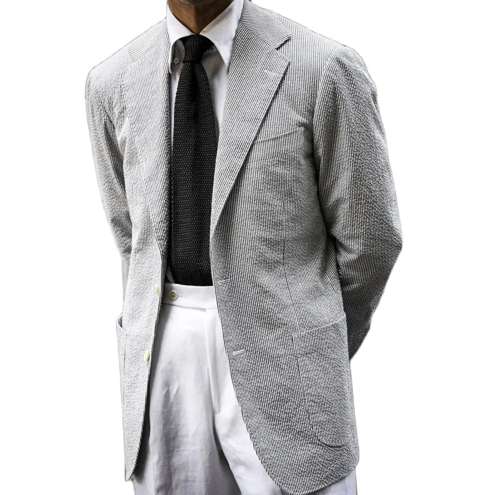 

Suits For Men Grey Striped Seersucker Blazer White Linen Pants Men Suits Slim Fit 2 Piece Blazer Sets Costume Homme Men Clothing