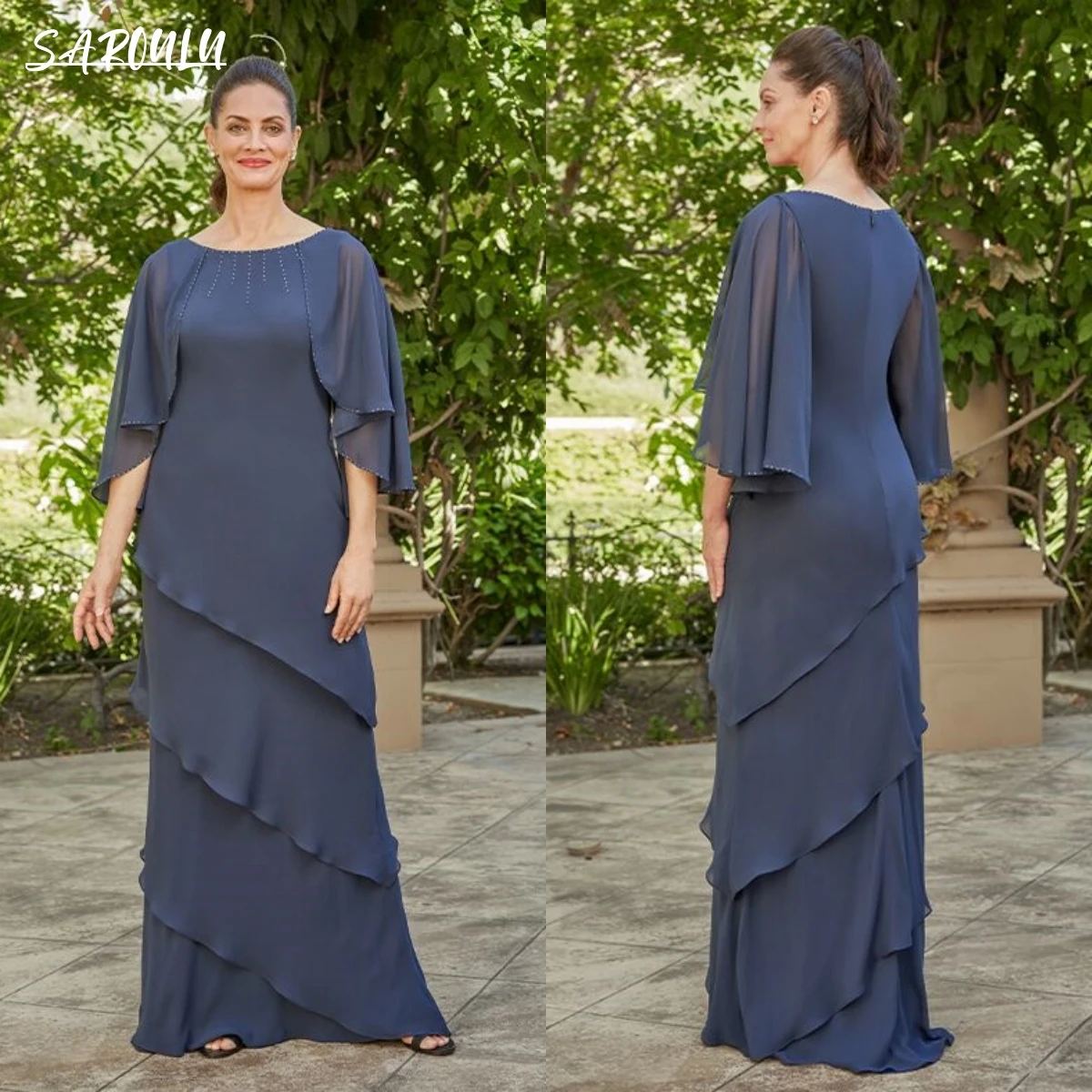 

Plus Size Scoop Neck Chiffon Mother Of The Bride Dress Flare Sleeve Long Wedding Party Dress For Guest vestido de fiesta de boda