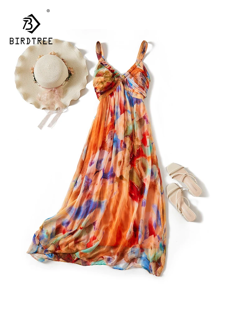 

BirdTree, 100%Real Silk OL Elegant Dresses, Women Staghetti Strap Printed, Beach Vacation Party Dress, 2024 Summer New D45464QC