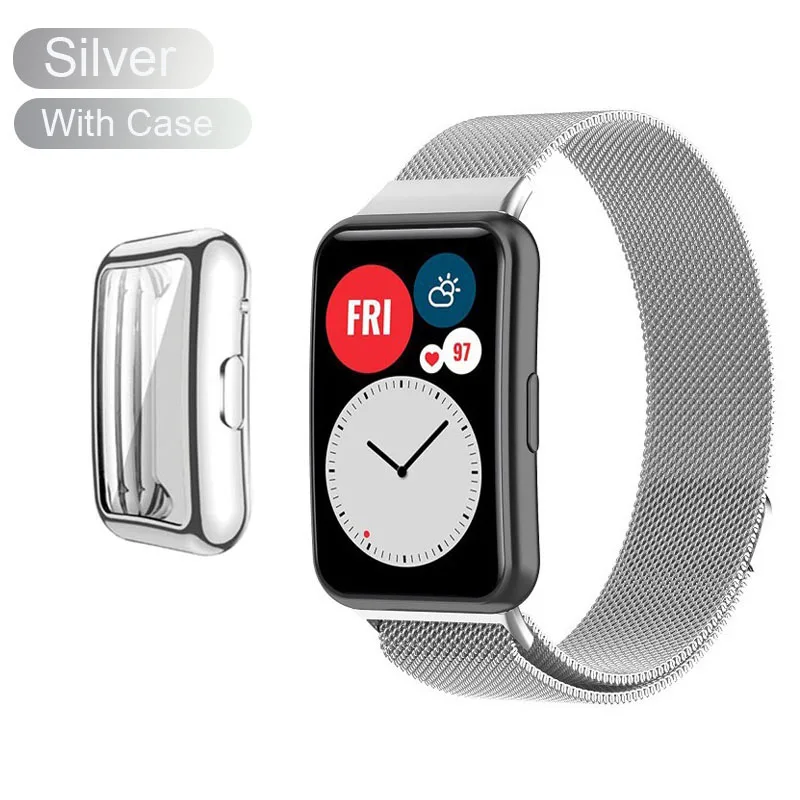 Premium Metal Band with TPU Screen Protector and Protective Case for Huawei Watch Fit - Milanese Magnetic Loop Strap
