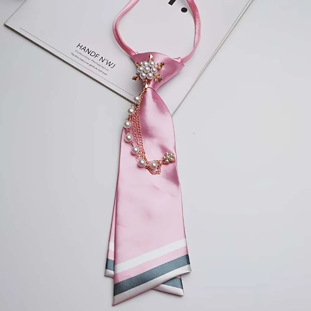 No-Sew Design Beaded Floral Necktie Pearl Chain Decoration Satin Material Double Layer Necktie Double Layer Satin Neck Accessory