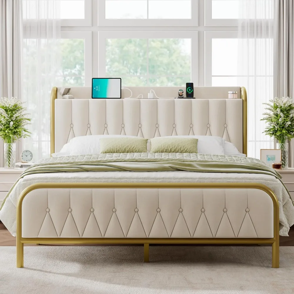 

Queen Bed Frame with Type-C & USB Port, Metal Platform Beds, with Velvet Upholstered Headboard & Footboard, 12" Underbed Storage