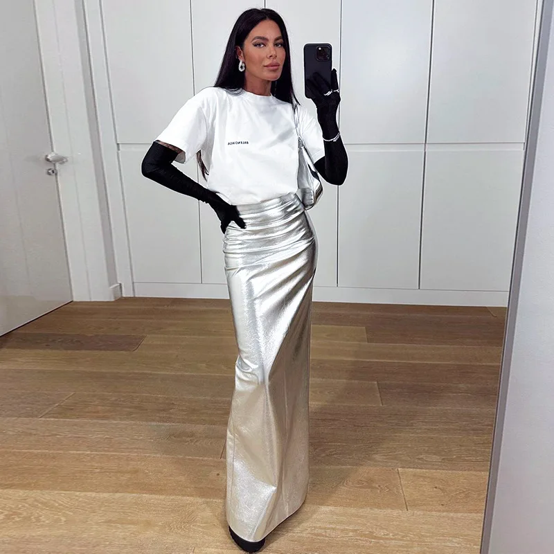 2023 Silver Faux Leather Long Skirt For Women High Waist Straight Maxi Skirt Fashion Metallic Skirts Y2K Streetwear polo silver metallic paperwhite серебряный