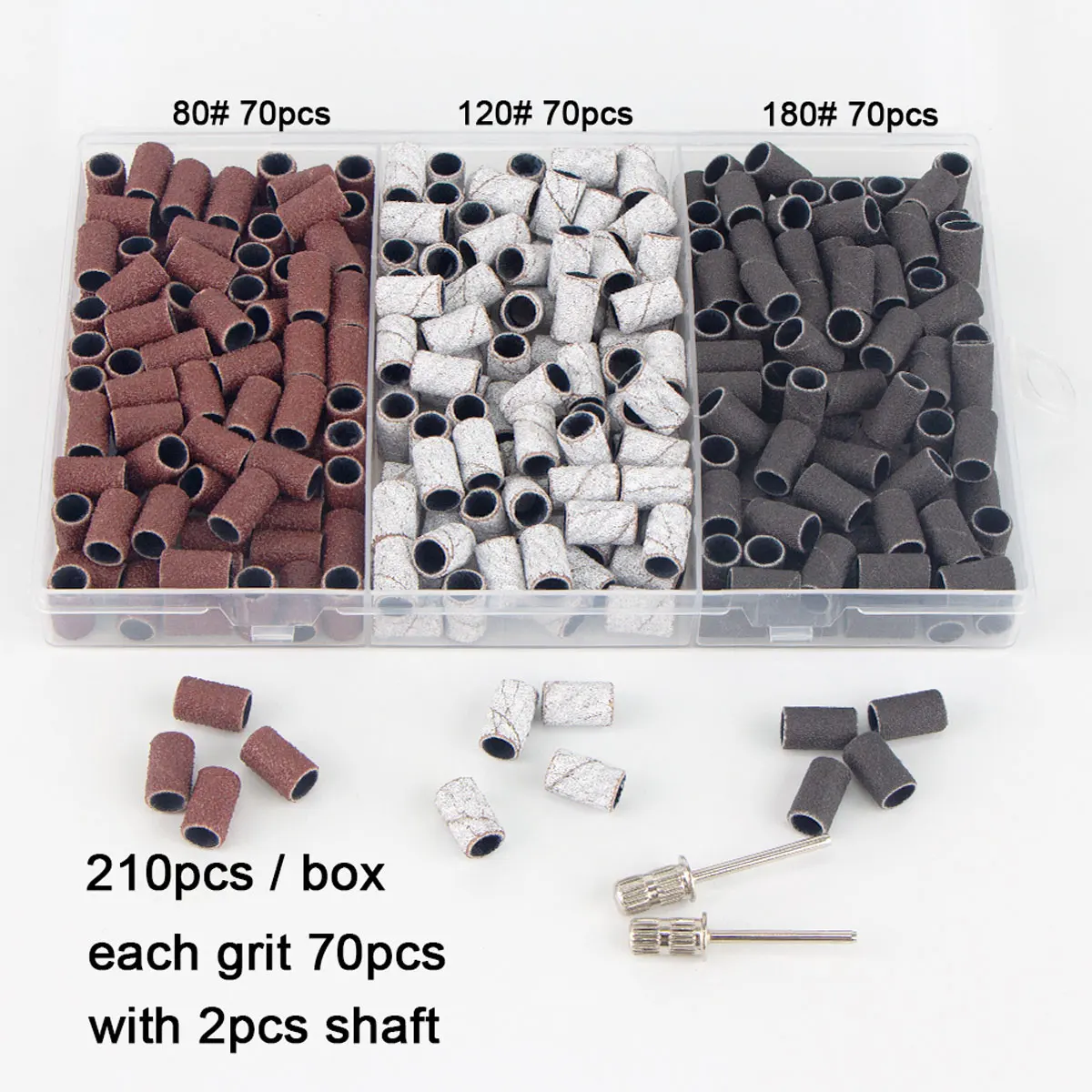 210Pcs/Box Sanding Bands With 2Pcs Shaft Set Foot Care Polishing Nail Gel Polish Remover Tools Milling Cutter Nail Dril Bits