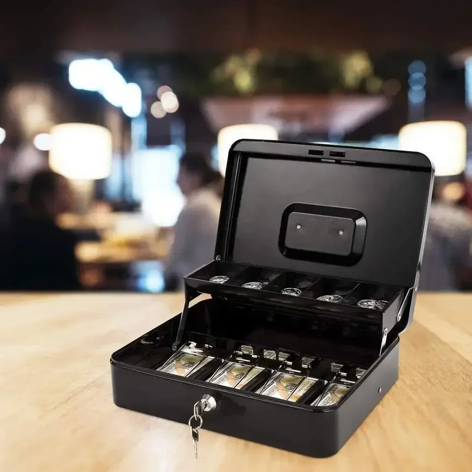 Password Cash Box with Money Tray and Key Lock Register Box Checkstand Cashier Case 4 Bill/5 Coin Slots Safety Coin Box Business 5