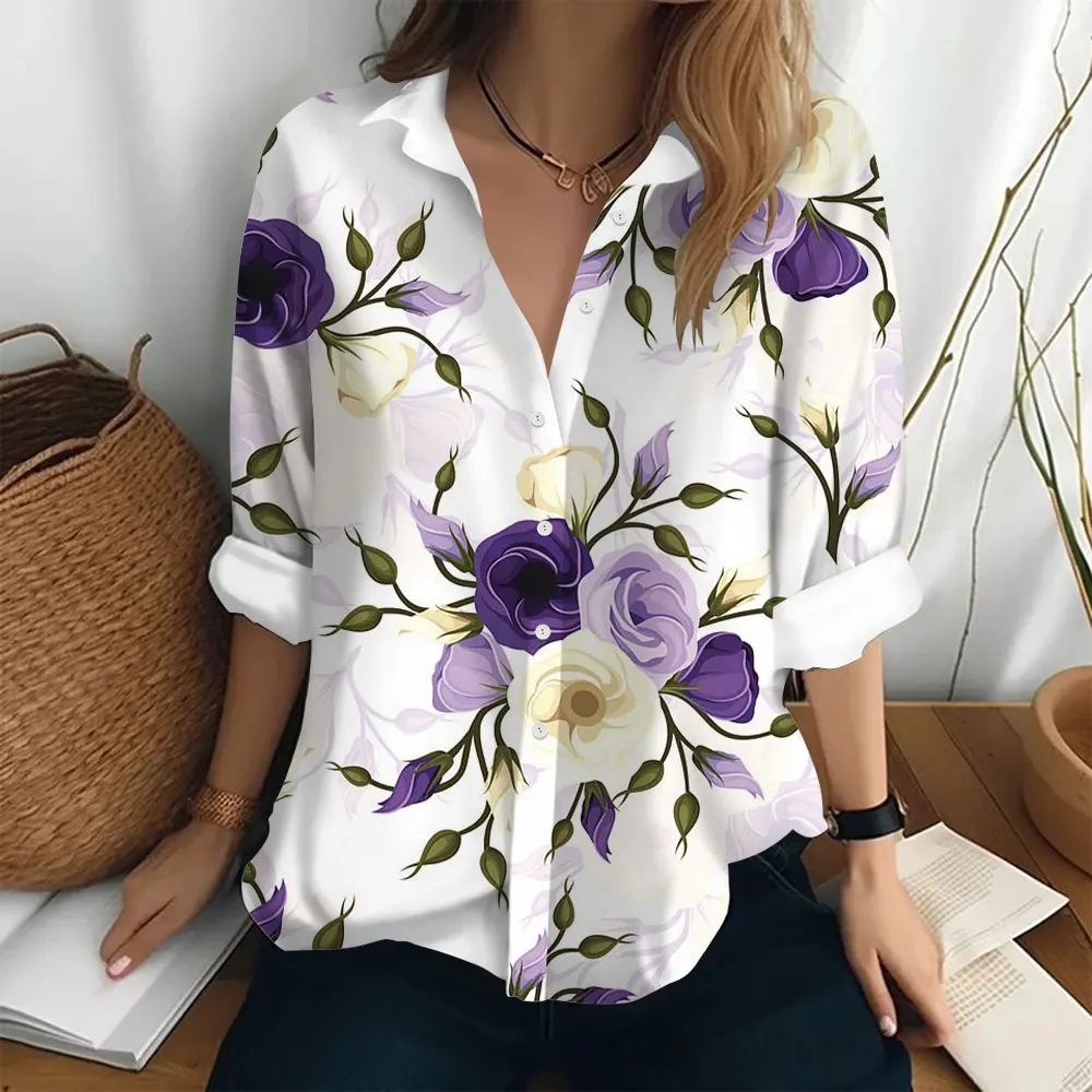 

Women's Shirt Street Y2k Fashion Long sleeved Top Flower Pattern Top Loose Lapel Button Clothing Women's Elegant Coat Shirt