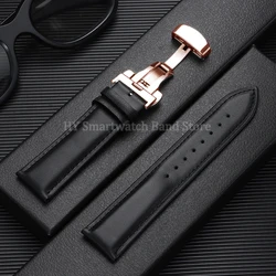 Cowhide Leather Watch Strap with Butterfly Clasp - Universal Fit - 18mm (Black - Rosegold)