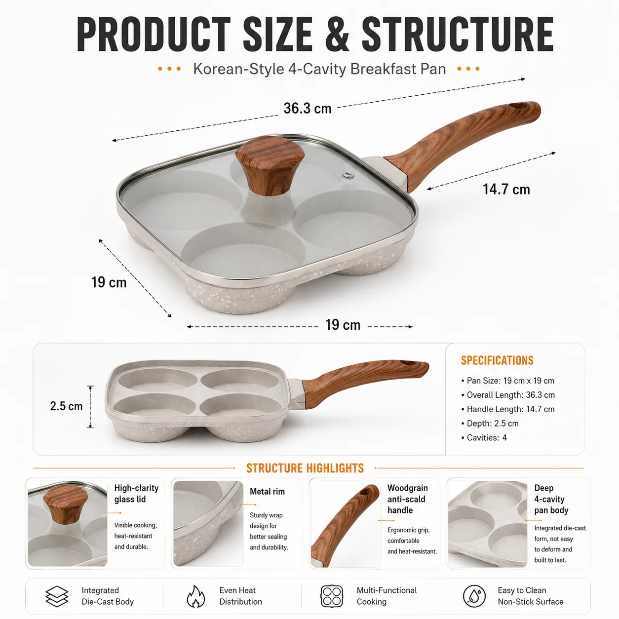 Deepened Divided Egg Frying Pan 4 Section Pancake Maker Aluminum Alloy Omelet Cooker Pan With Glass Lid For All Stoves
