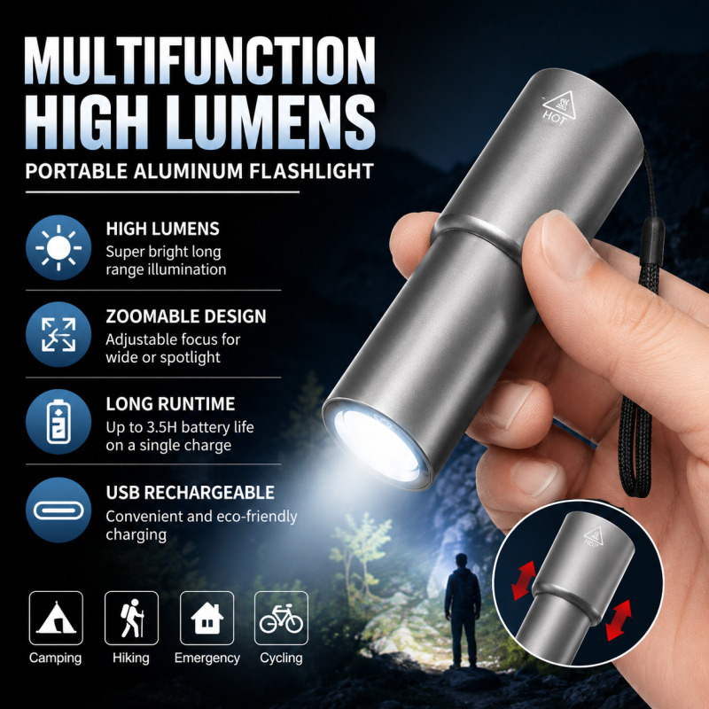 Multifunctional Flashlight Portable Aluminum Flashlight Rechargeable Zoomable Design Long Runtime for Night Cycling and Camping
