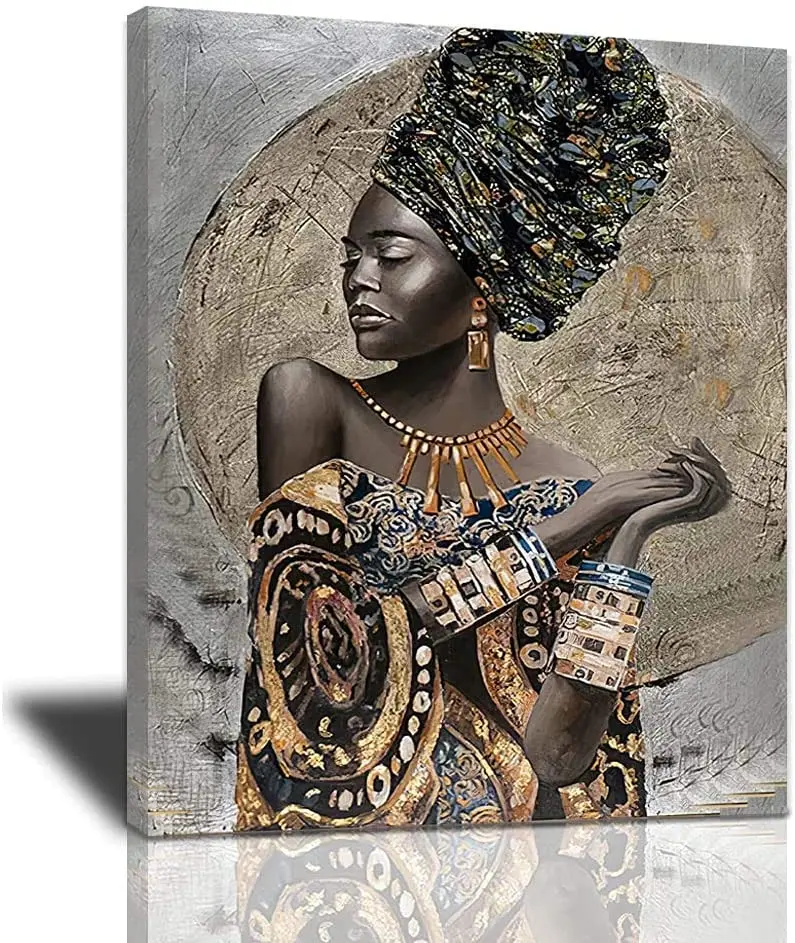 African American Wall Art Canvas Painting Printed Black And Gold Woman