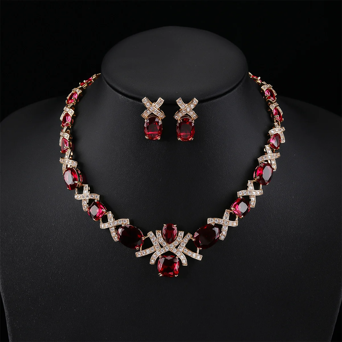 

Luxury Crystal Wedding Bridal Necklace Earrings Set Red, Blue Green Color Big Zirconia Jewelry Gift Set For Women Party CN11004