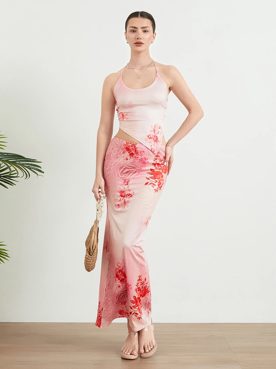 

Women's 2 Piece Skirt Outfits Sleeveless Halter Neck Tops Long Floral Skinny Skirt Set