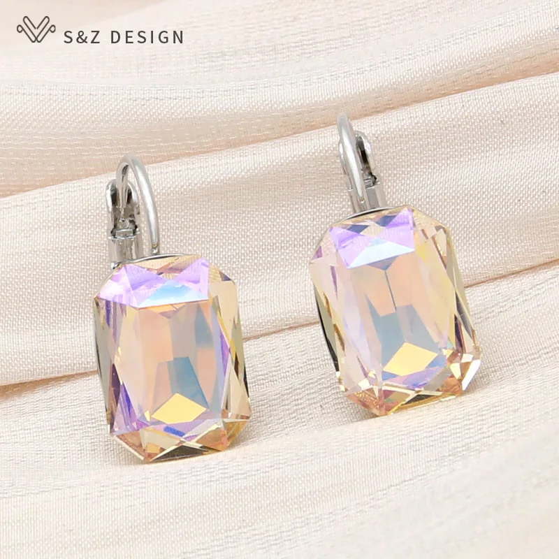 S&Z DESIGN New Arrival Popular Women Fashion Rectangle Crystal Drop Earrings 585 Rose Gold Color Eardrop Wedding Jewelry Gift