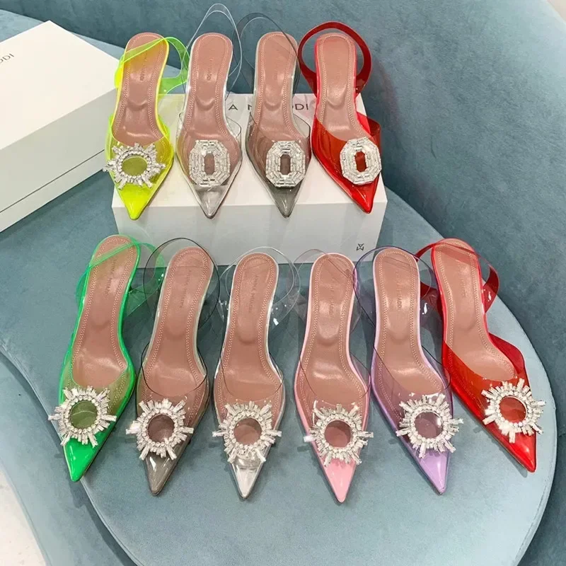 

Amina muaddi Rhinestone Bow High Heel Sandals Sunflower Thin Medium Heel Sexy Pointed Women's Singles