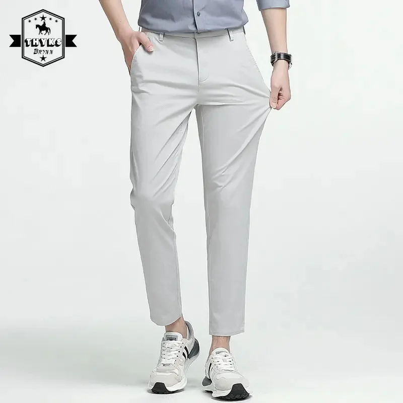 

Men's Solid Color Casual Business Suit Pants Loose Elasticity Fashion Formal Cropped Male Korean Slim Fit Trousers Spring