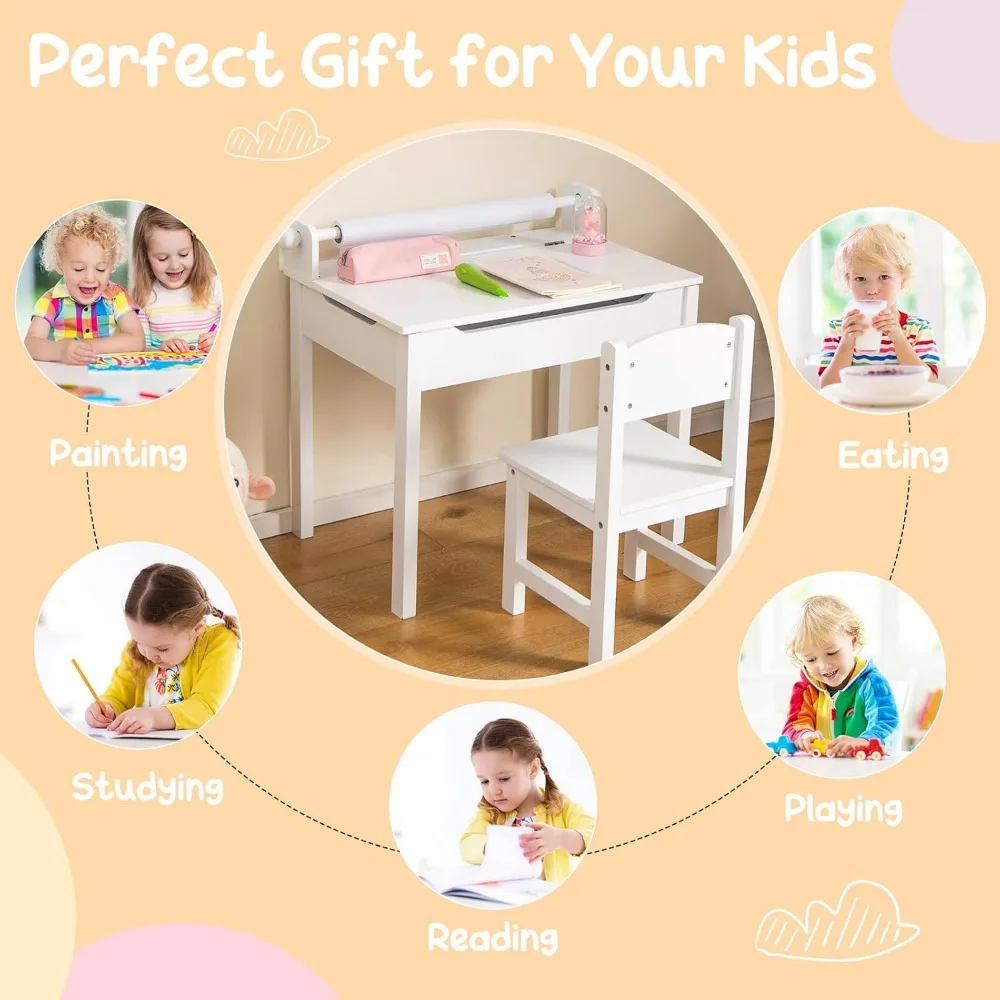 Kids Table and Chair Set, Flip Top Kids Art Craft Table w/Chair for Playroom Kindergarten, Toddler Drawing Writing Desk Set 3