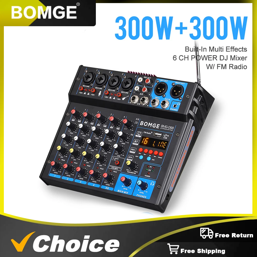 BOMGE 6 Channel Power Karaoke Stereo Amplifier Audio Mixer Sound