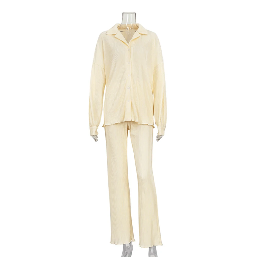 

Causal pleated Home Suit women Long Sleeve Lapel Pleated Shirt Women's Wide Leg Floor Elegant Drape Set 2 Piece Sets