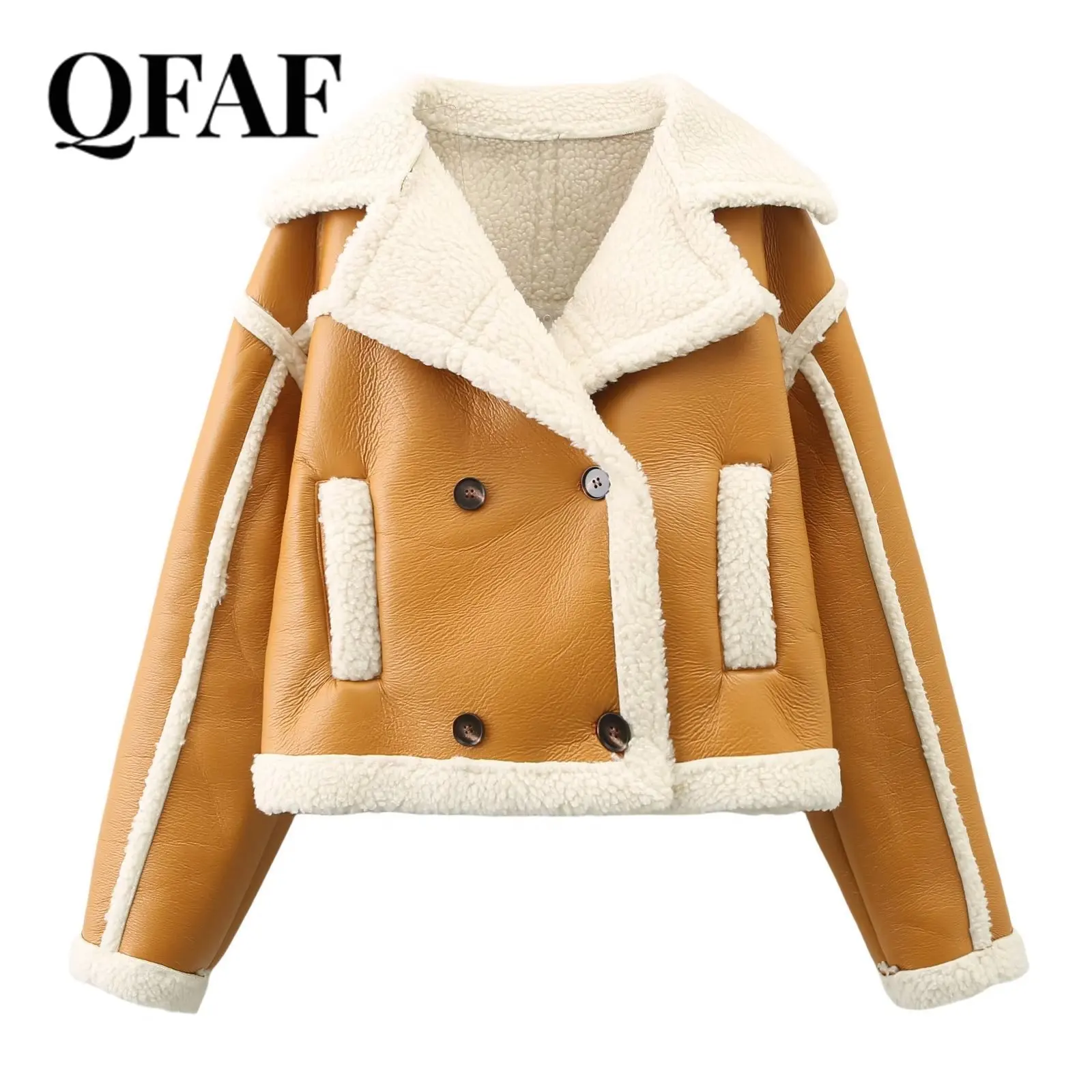 QFAF 여성용 인조 가죽 양털 이너, 따뜻한 유지, 더블 브레스트, 긴 소매 모토 바이커 겨울 재킷, 패션