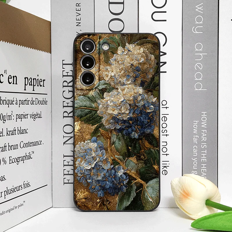 Blue Hydrangea Pattern Frosted Soft Phone Case with Abstract Flower Design
