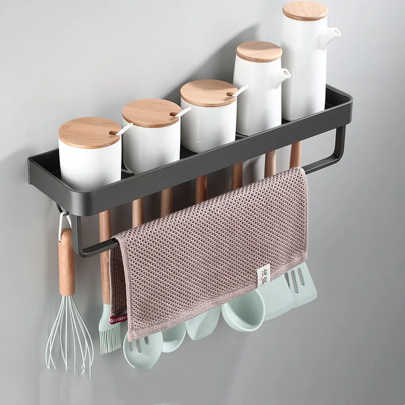 Kitchen Shelf With Hooks Condiment Rack Nail Punched Bathroom Towel Bar Soap Cosmetic Shower Shampoo Organizer Holder Wall Mount shelf in the bathroom kitchen spice rack wall mounted corner shower shelf place shampoo cosmetics bathroom kitchen hanging shelf