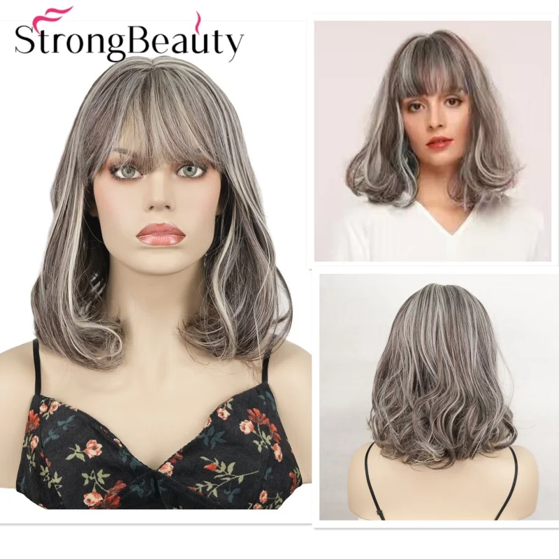 StrongBeauty 여성 웨이브 보브 그레이 하이라이트 가발 어깨 길이 합성 가발 할로윈 의상 코스프레 파티 헤어 열에 강함