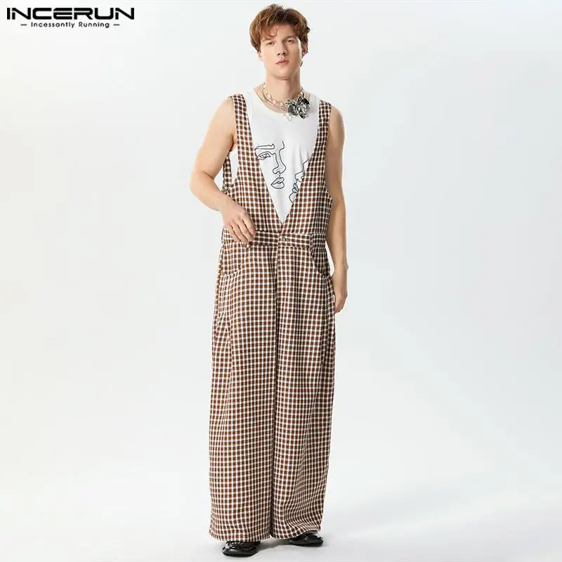 

American Style Bodysuits Handsome New Men Checkered Texture Jumpsuits Casual Streetwear Male Shoulder Rompers S-5XL INCERUN 2024