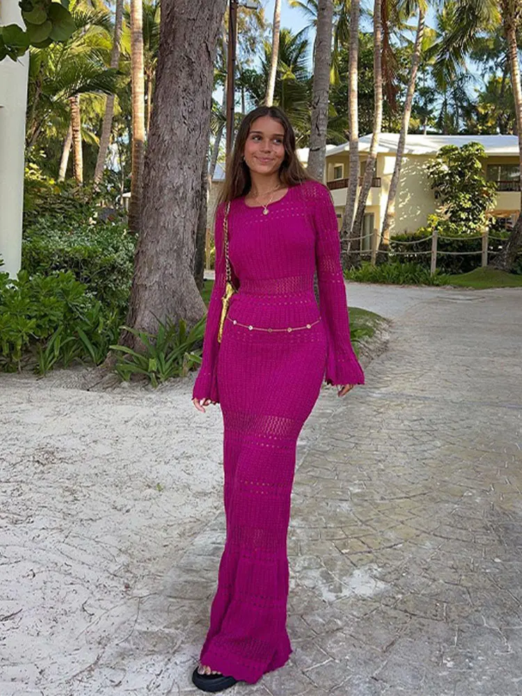 

2023 Fashion O Neck Backless Dresses Female Beach Vocation Vestidos Sexy Solid Hollow Out Flare Long Sleeve Dress For Woman