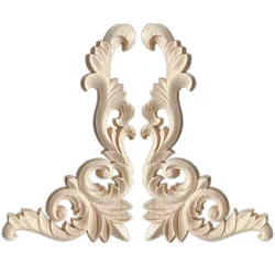 2PCS Woodcarving Decal Corner Applique Frame Door Decor Wall Furniture Decorative Figurines Wood Miniature Flower Branch