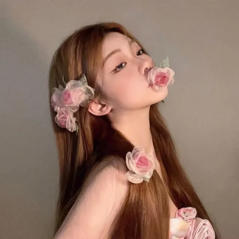 

Elegant Pink Rose Hairpin Flower Girl Mori Style Fairy Beauty Head Side Clip Headband Summer Hair Accessories for Women 2023 New