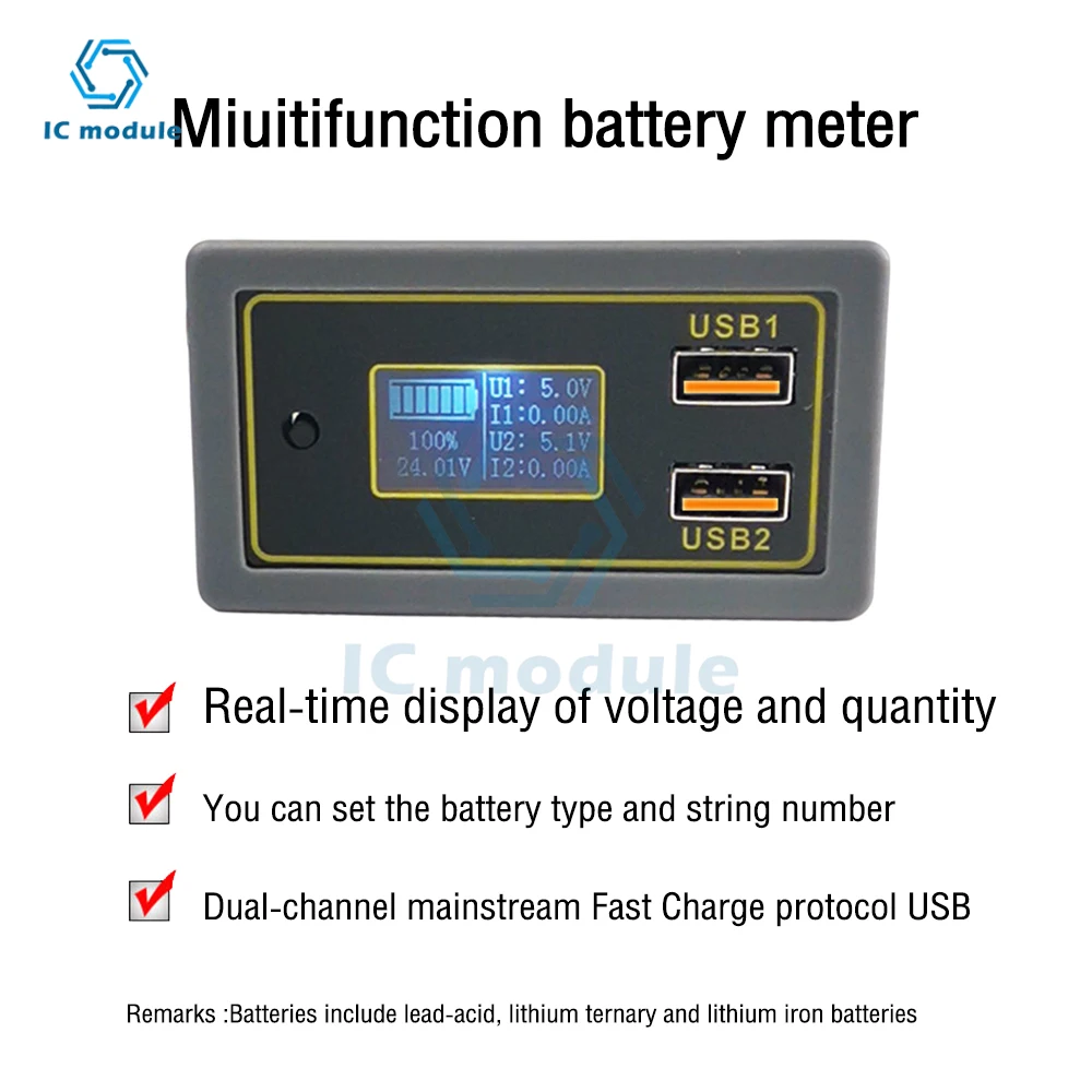

Car Battery Battery Voltage And Power Display 12V24V Supports Lithium Battery Usb Multi-Protocol Fast Charging