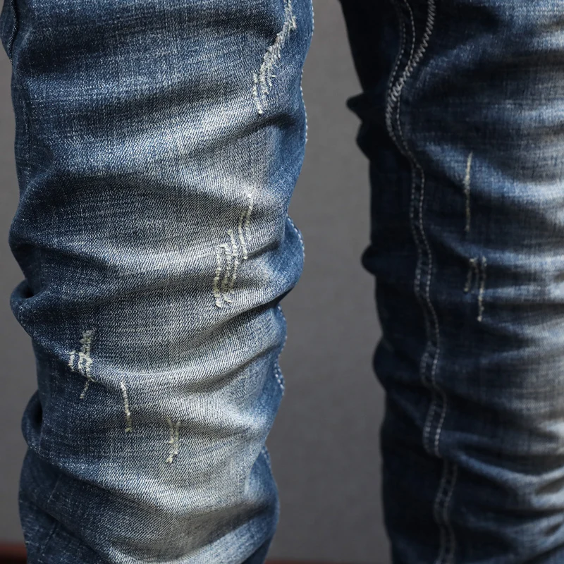 Italian Style Fashion Men Jeans Retro Blue Elastic Slim Fit Ripped Jeans Men High Quality Vintage Designer Denim Pants Hombre