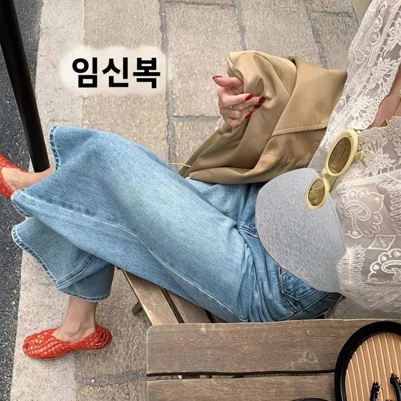 임산부용 청바지 루즈핏 와이드 레그 팬츠 플러스 사이즈 여름옷 작은 복부 지지 팬츠 면 폴리에스터 사계절용